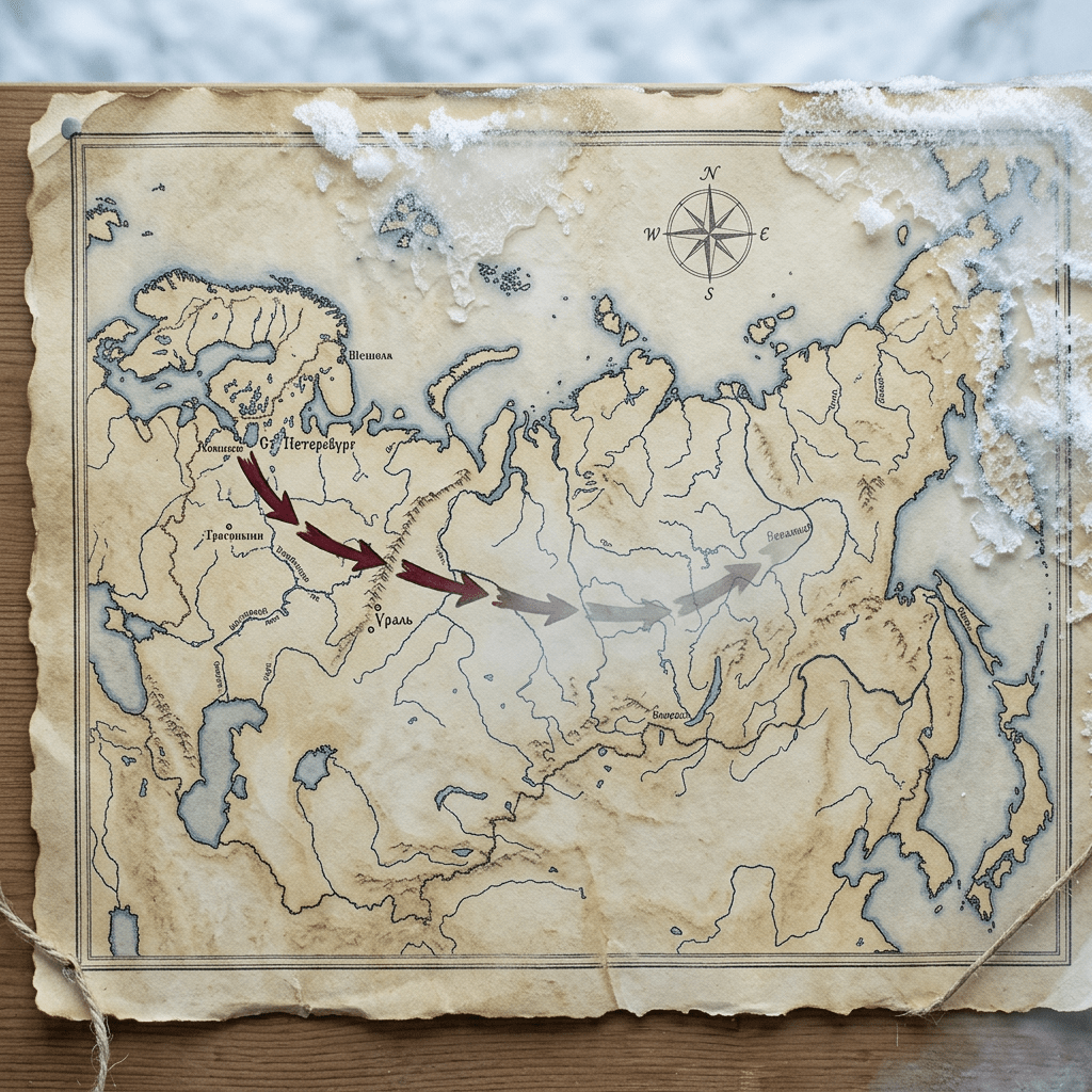 Vintage map of Russia highlighting a west-to-east route from St. Petersburg through the Ural Mountains