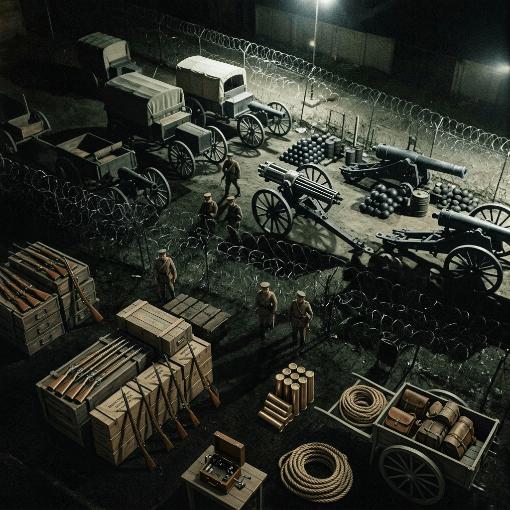 Military trucks and armored vehicles parked behind razor wire fencing at night with shadows of soldiers