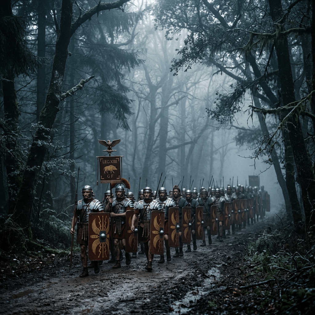 Roman soldiers in armor carrying shields and spears marching through a foggy forest path