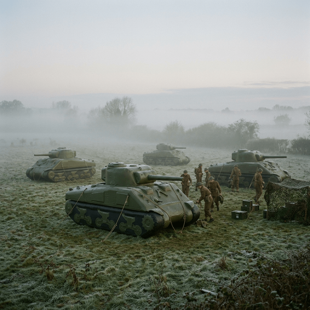 Four World War II-era tanks positioned in a foggy field with soldiers standing and working around them