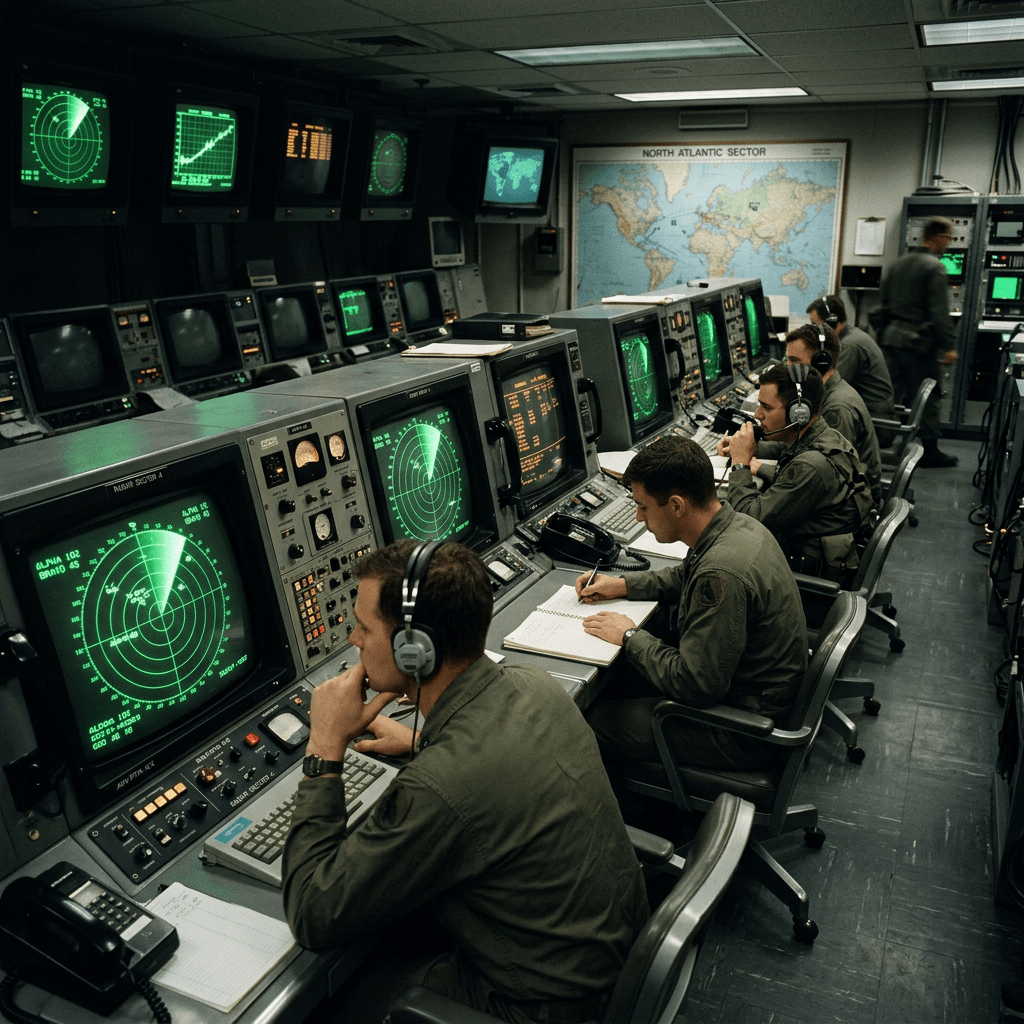 Military operators in headphones monitoring multiple radar screens and taking notes in a naval command center