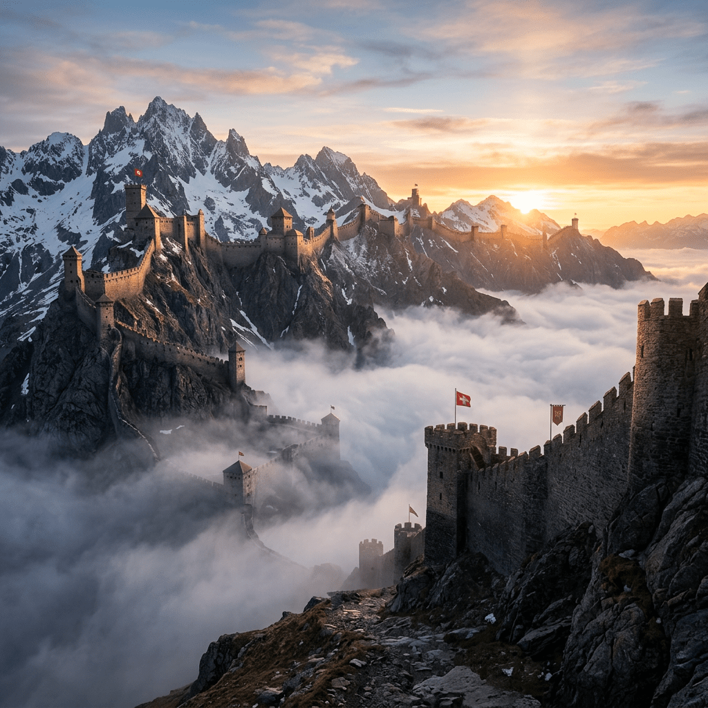 Medieval stone fortress with flags on snowy mountain ridges above clouds at sunrise