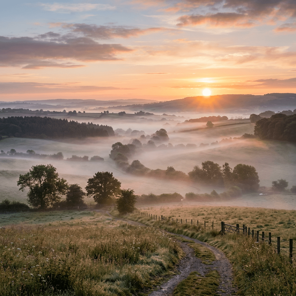 Sun rising over fog-covered fields and hills with a dirt path in the foreground