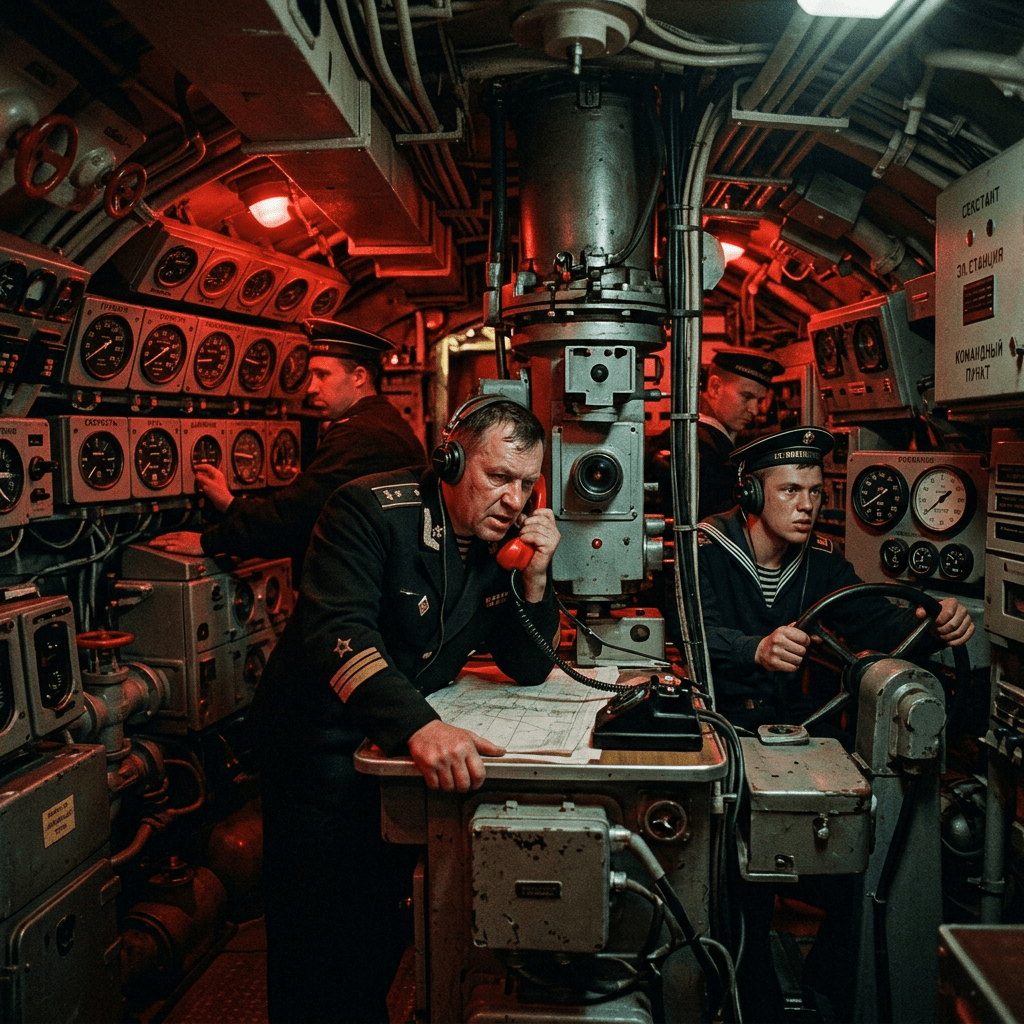 Sailors operating controls and instruments inside a Soviet submarine control room