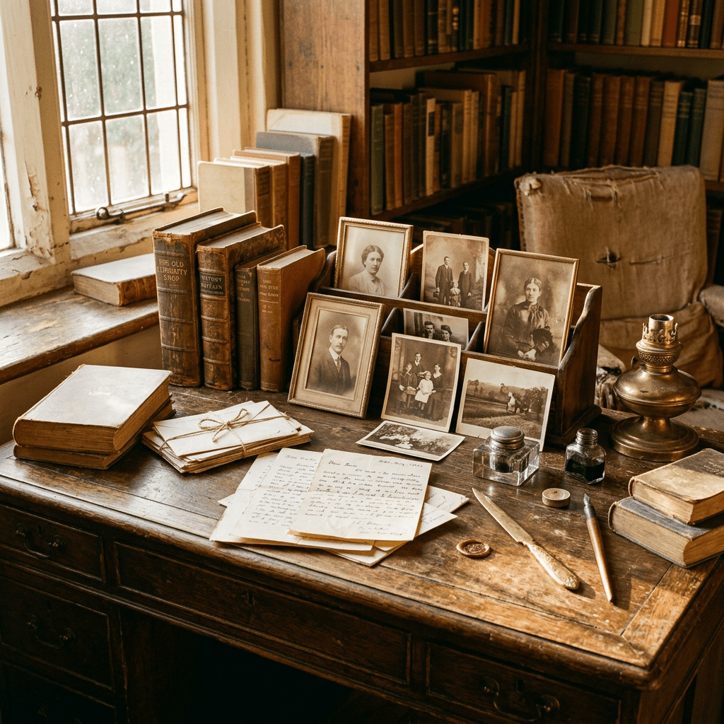 Antique desk with vintage books, black and white framed photos, handwritten letters, inkpots, and a brass lamp