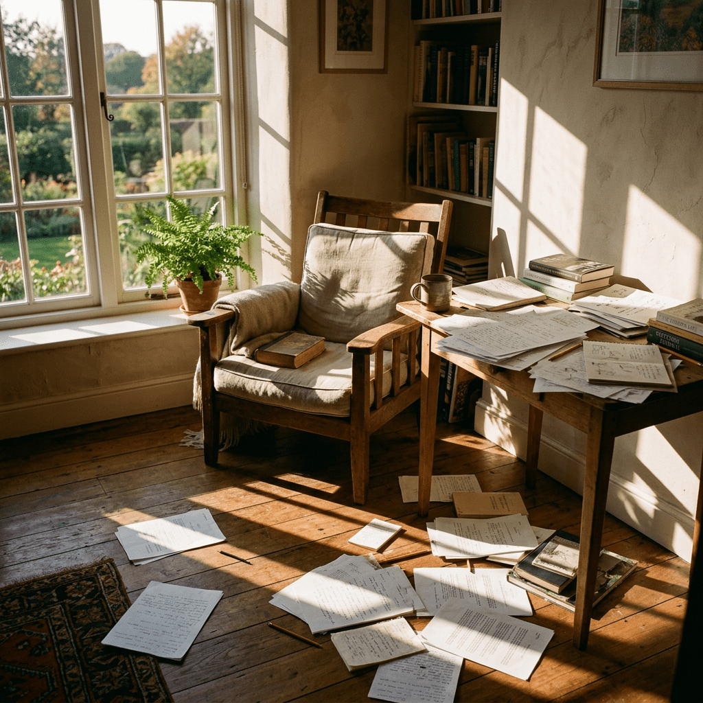 Wooden armchair with cushion next to table covered in scattered papers, books, and a mug by a window