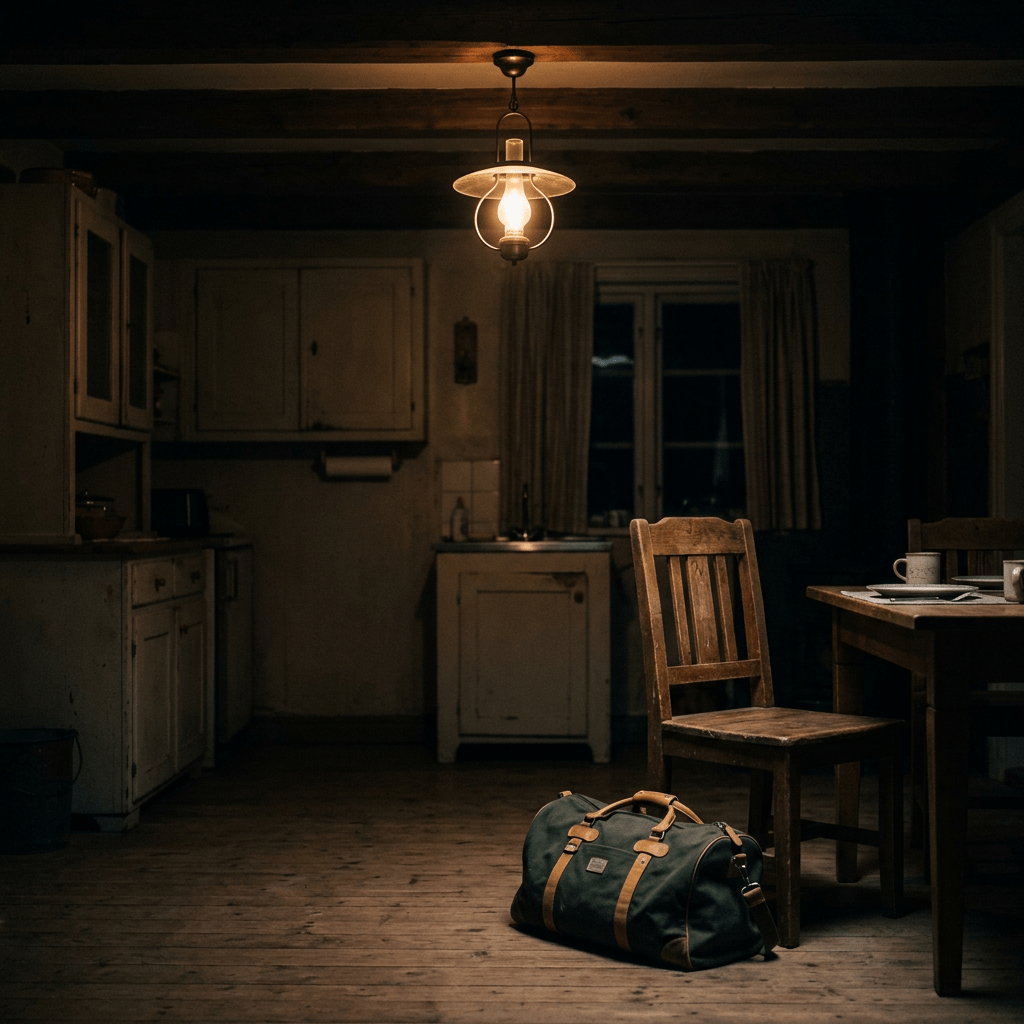 Dim rustic kitchen with wooden chair, table, and green duffel bag under hanging light