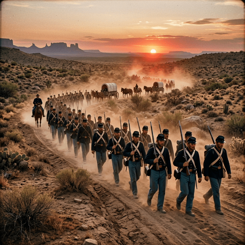 Union soldiers in blue uniforms marching with rifles in desert landscape with sunset