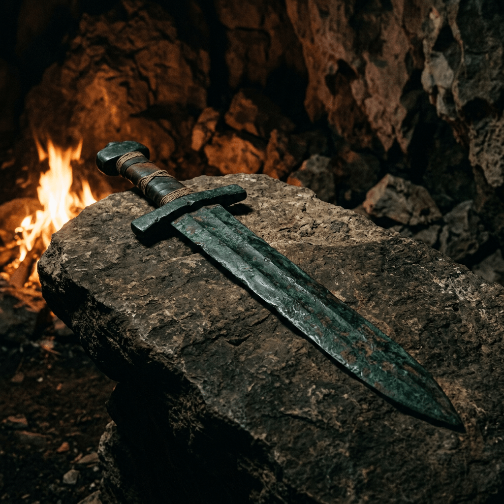 Rustic ancient sword on stone slab with firelight in cave