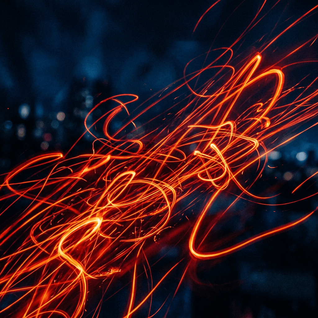 Bright orange swirling light trails on a dark, blurred city background at night.