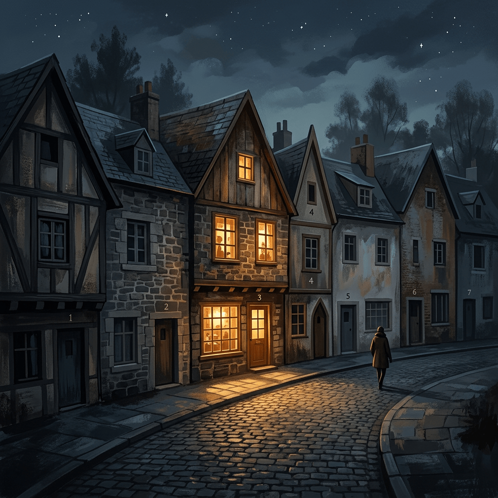 Cobblestone street at night with numbered houses and warm light from windows, one person walking.