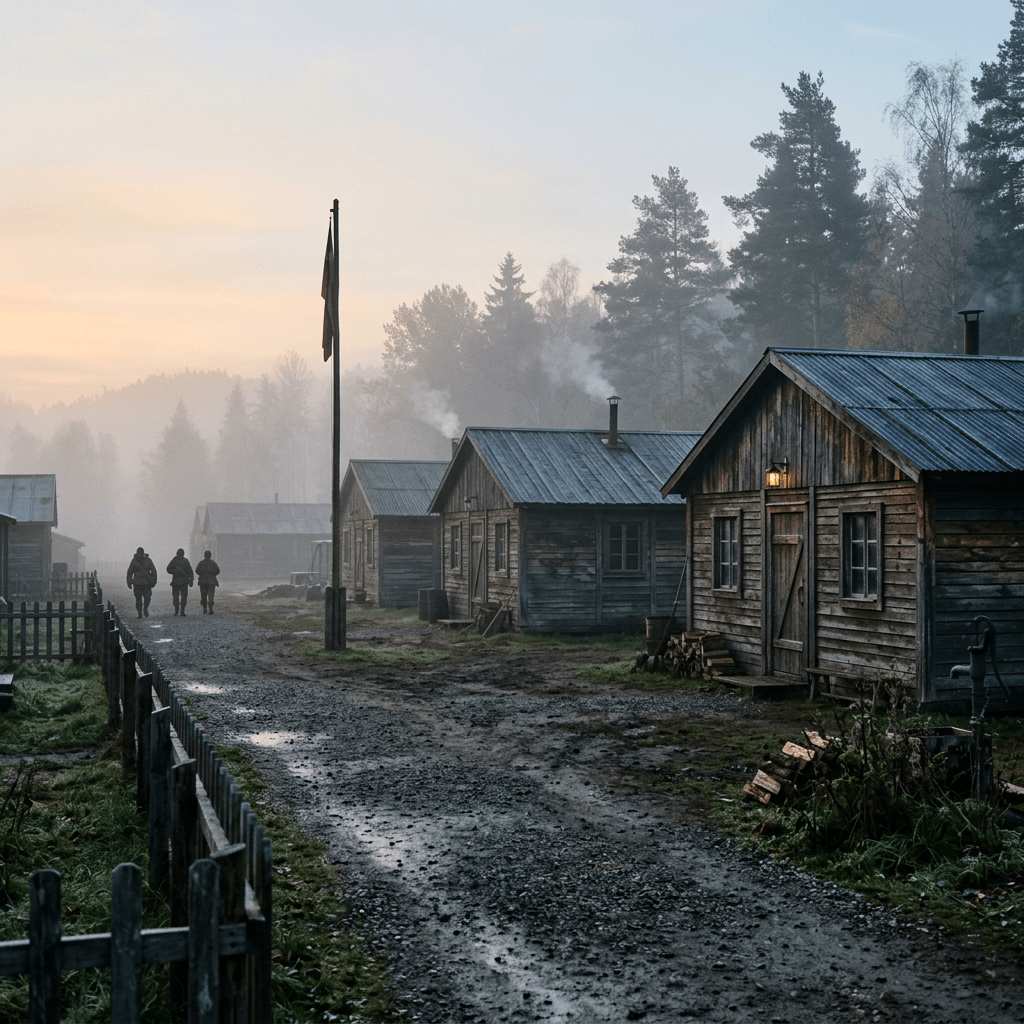 Three people walking on a gravel path beside wooden cabins with smoke rising in a foggy forest village at dawn