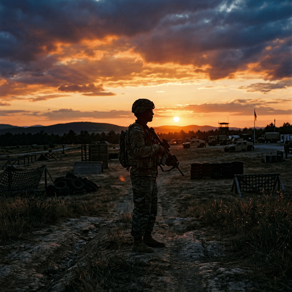 Soldier in combat gear holding a rifle standing outdoors at sunset on a military base