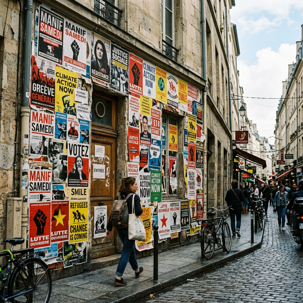 Wall plastered with protest posters about climate action, social justice, and workers' rights on a city street