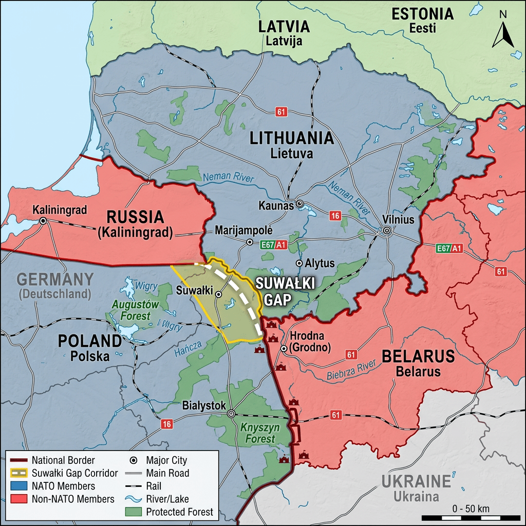Map showing the Suwalki Gap corridor between Poland and Lithuania along with surrounding countries and NATO borders.