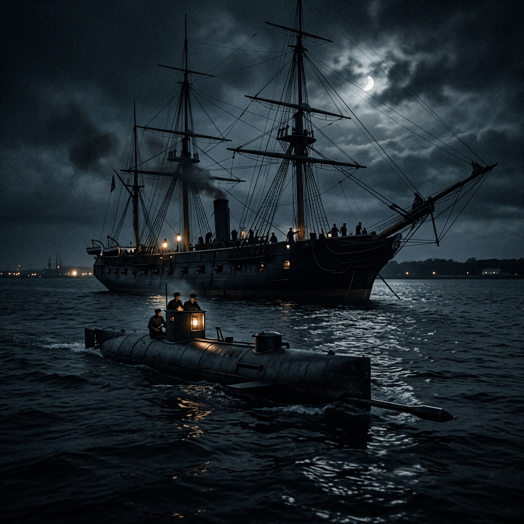 Submarine with crew sailing near a large sailing ship at night under a crescent moon