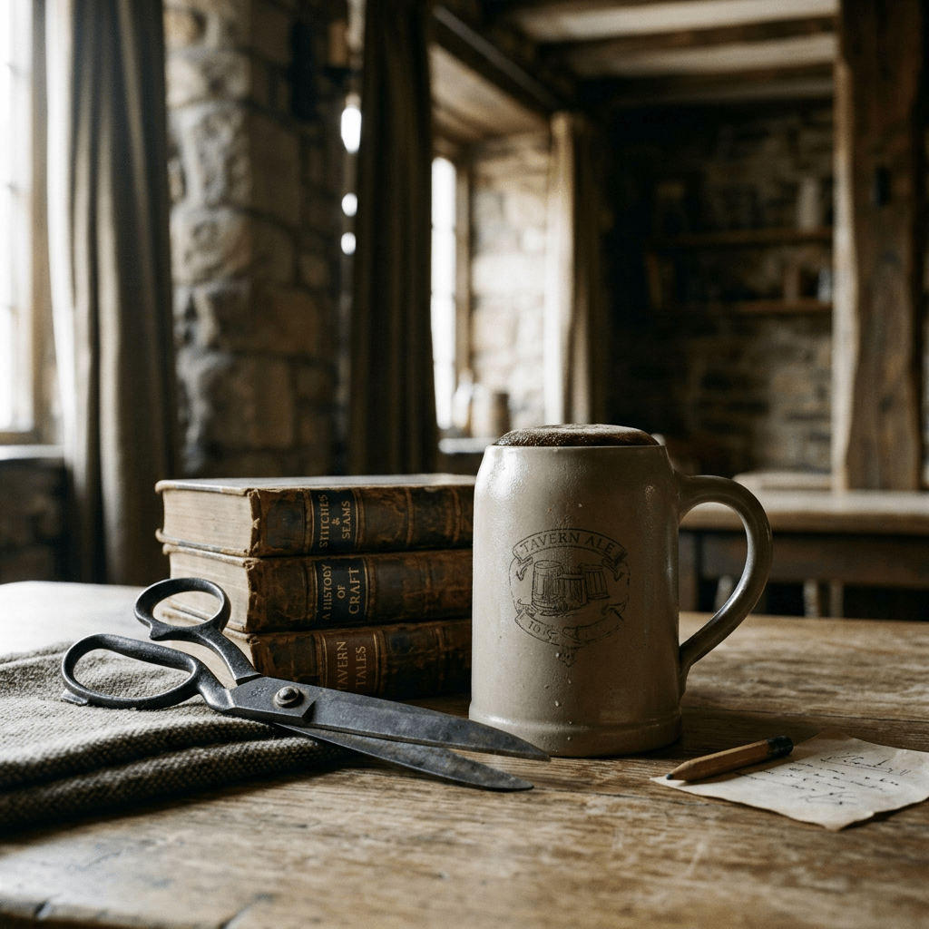Old leather-bound books stacked next to large vintage scissors, a stoneware Tavern Ale mug filled with dark ale, a pencil, and a handwritten note on a wooden table in a rustic room